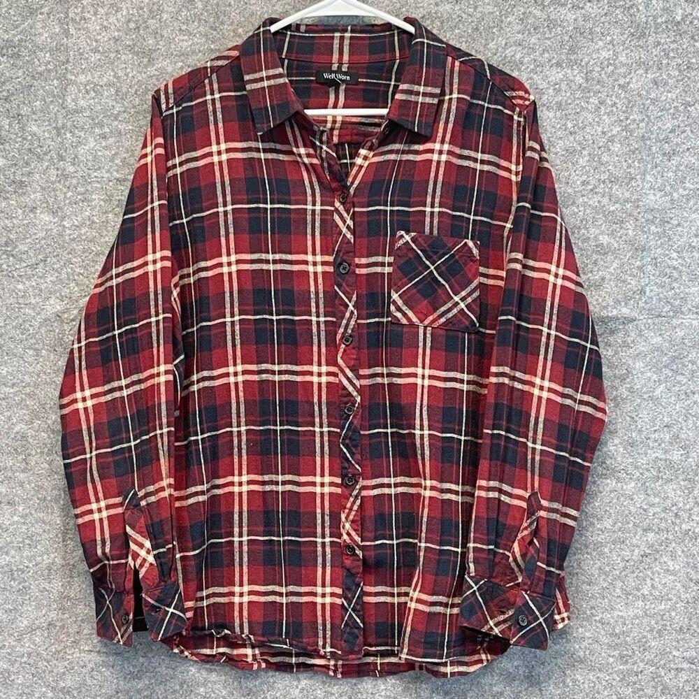 WELL WORN Shirt Women's Large Red Blue Plaid Flannel Long Sleeve Button Down EUC